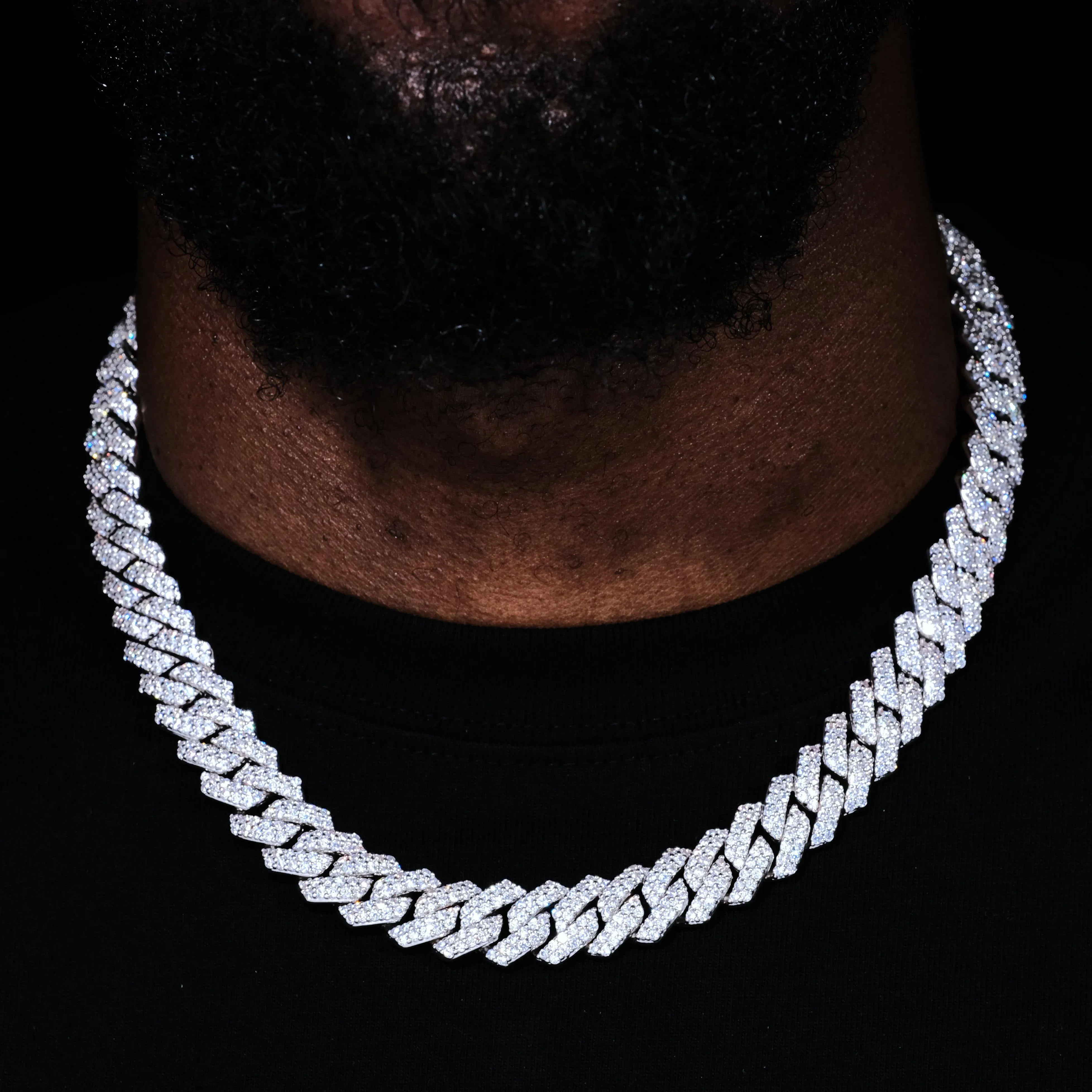 14MM 2Row Prong Cuban Link Necklace   Bracelet Bundle In White Gold