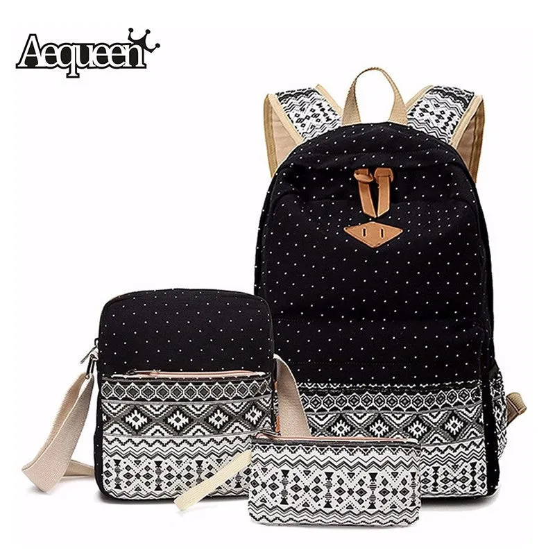 3 PCS/Set Women Backpack Canvas Printing School Bags For Teenagers Girls Backpacks Cute Rucksack Schoolbag Lady Bookbags Female