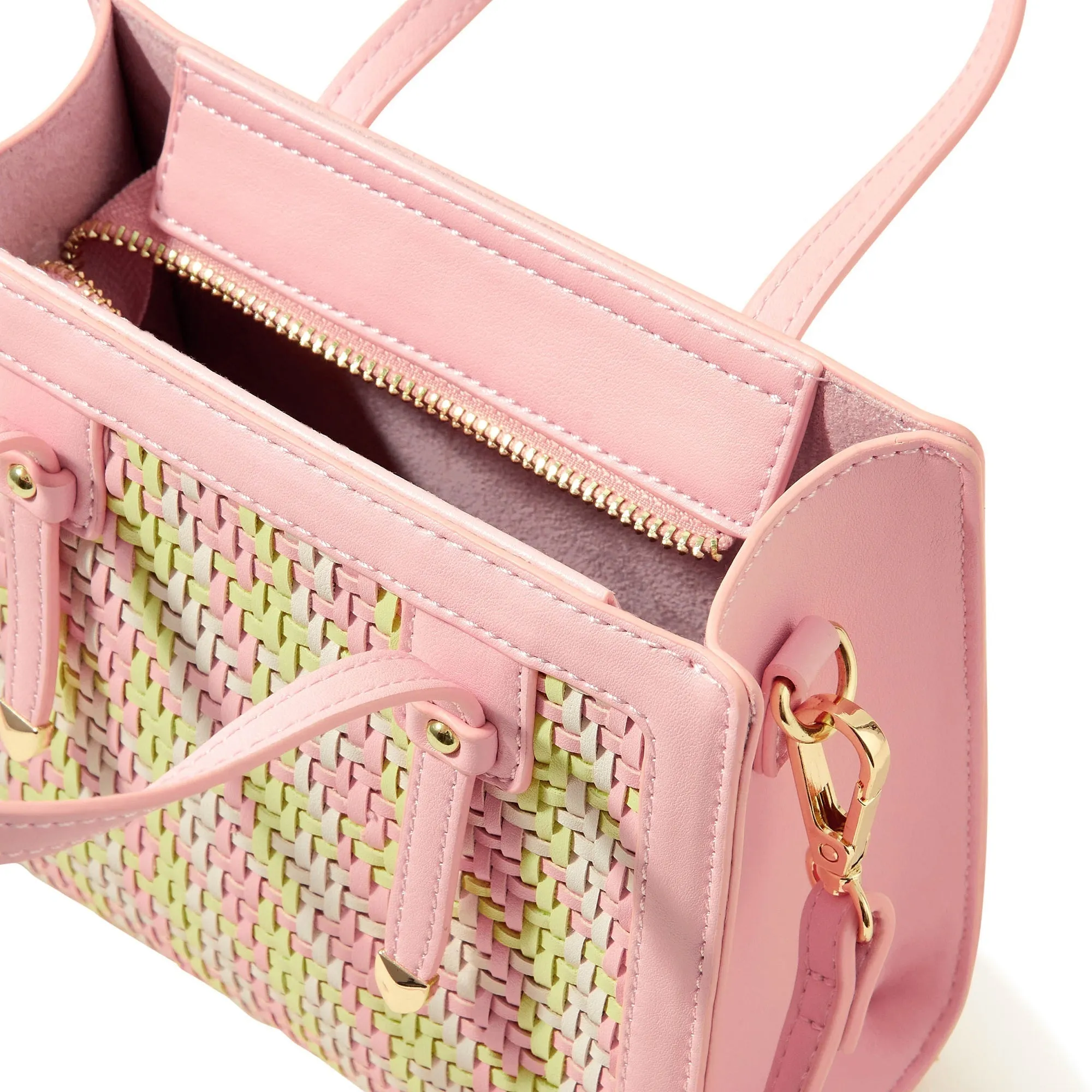 Accessorize London Women's Faux Leather Pink Mini weave handheld Bag