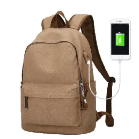 Anti-theft Canvas Backpack With USB Charging For Teens/Travel - Blue Black/Khaki/Gray