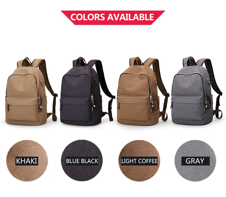 Anti-theft Canvas Backpack With USB Charging For Teens/Travel - Blue Black/Khaki/Gray