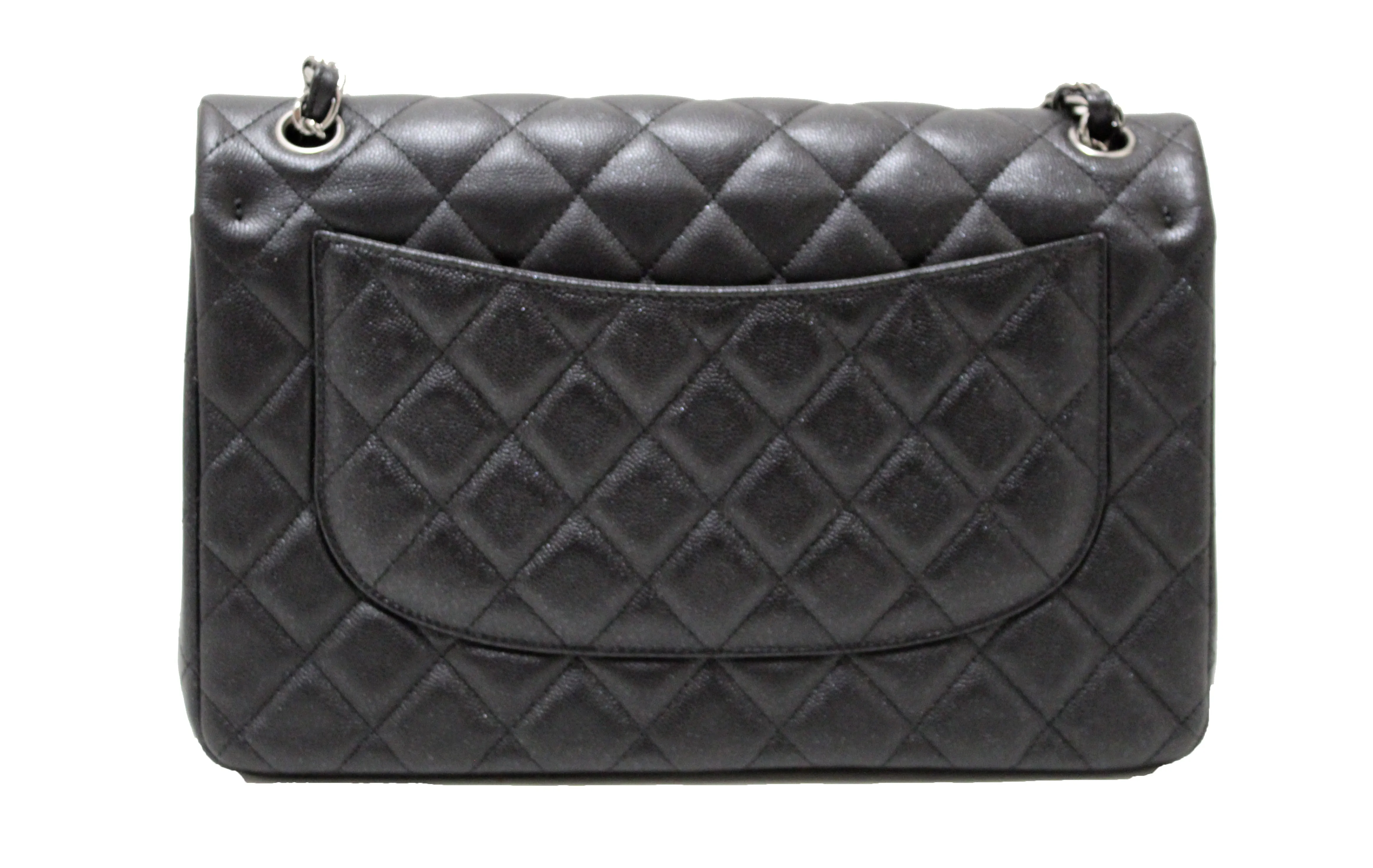 Authentic Chanel Black Iridescent Quilted Caviar Leather Classic Jumbo Double Flap Bag