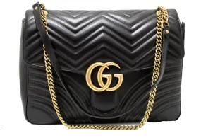 Authentic Gucci Black Calfskin Leather Large Marmont Matelasse Flap Chain Shoulder Bag 498090