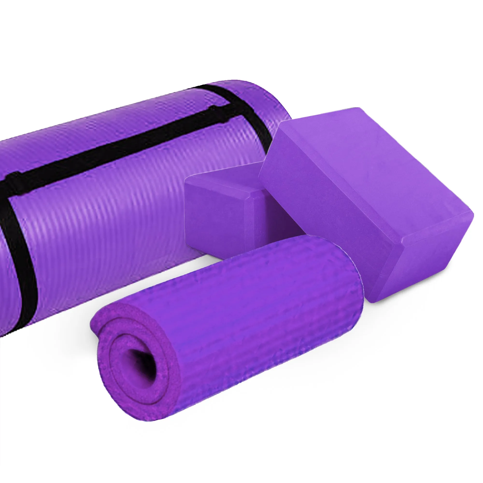 BalanceFrom 71"x24" Anti Tear Yoga Mat w/Strap, Knee Pad & Blocks,Purple (Used)