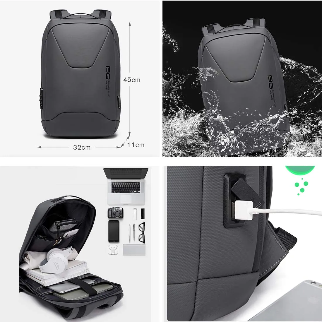 BANGE Water Resistant Anti-Theft Unisex Travel Laptop Backpack with USB Charging and Password Number Lock (Black)