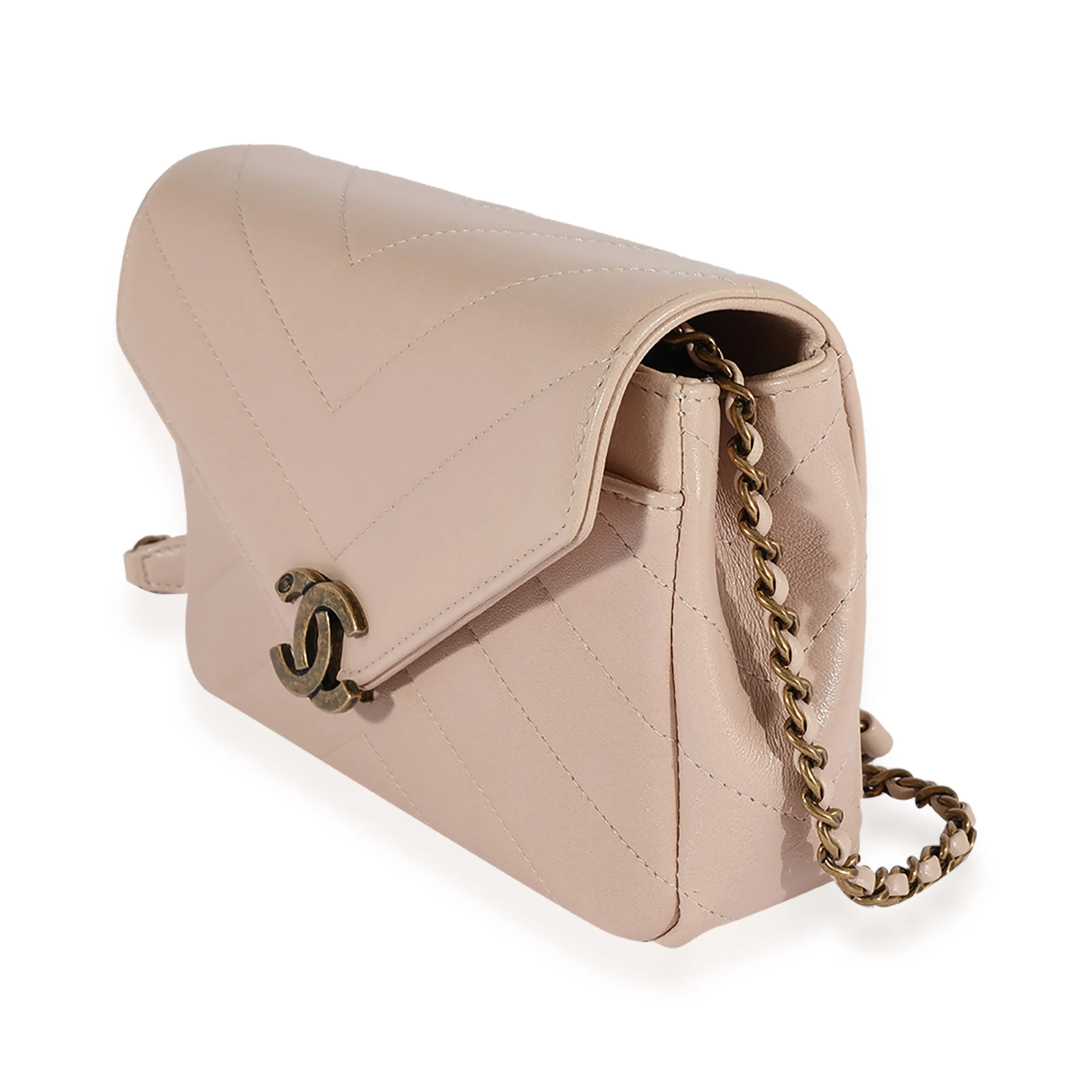 Beige Chevron Leather Mini Coco Envelope Flap Bag