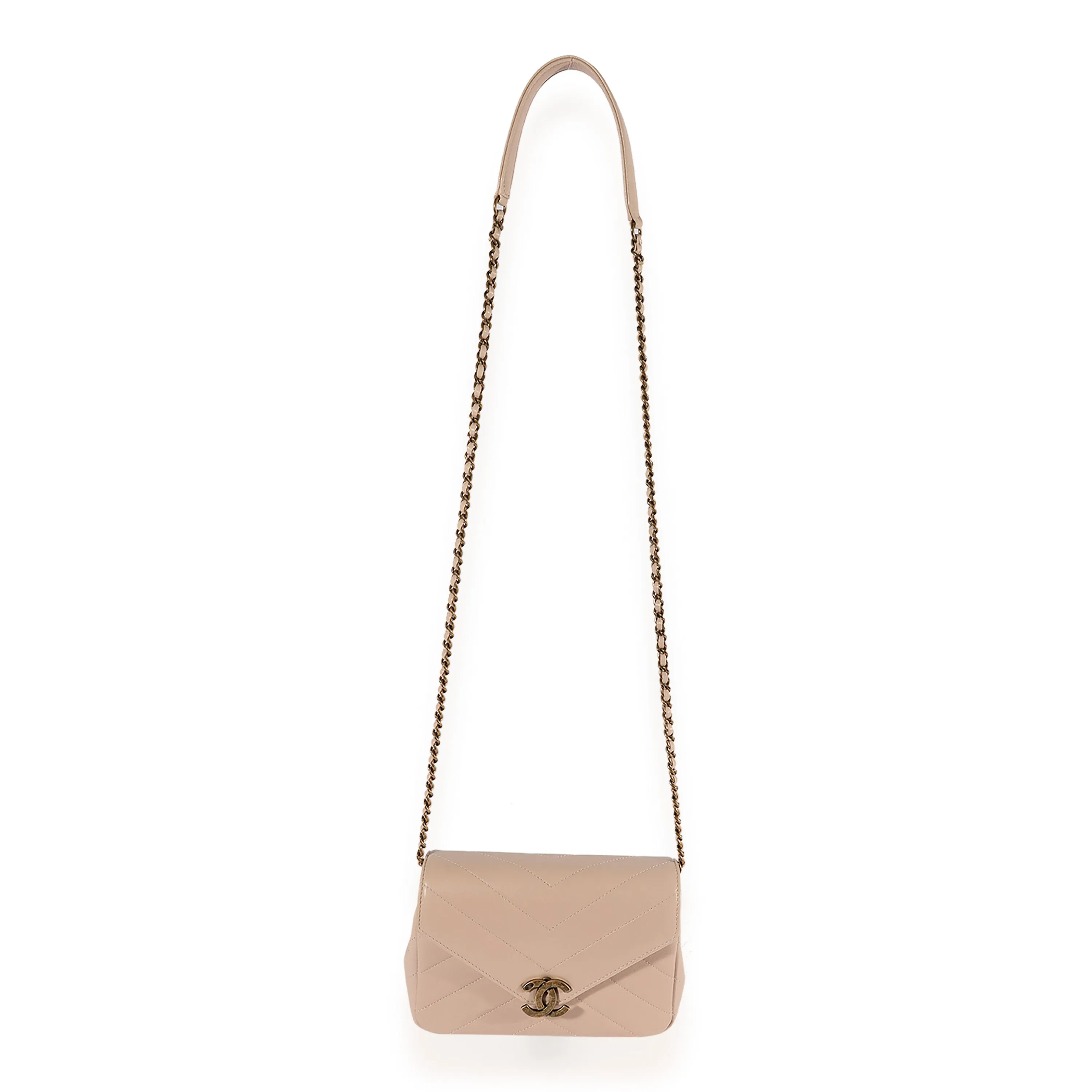 Beige Chevron Leather Mini Coco Envelope Flap Bag