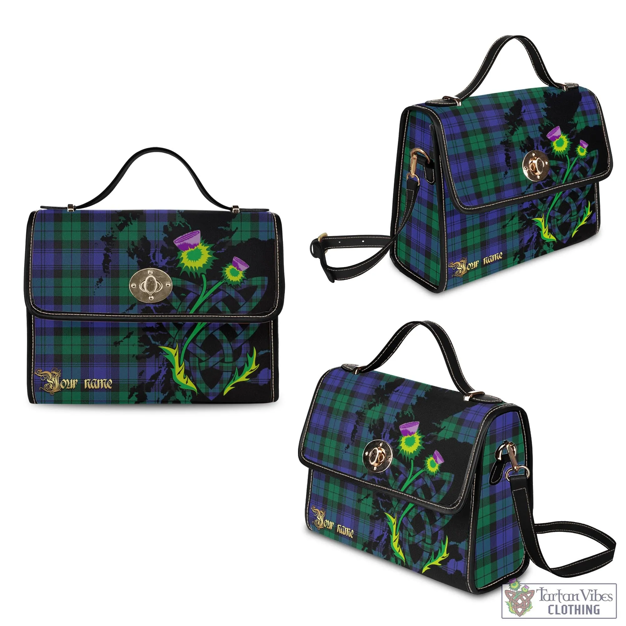 Black Watch Modern Tartan Waterproof Canvas Bag with Scotland Map and Thistle Celtic Accents