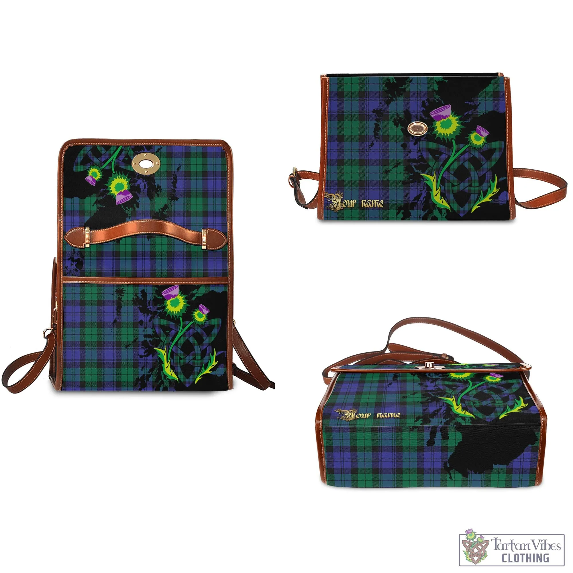 Black Watch Modern Tartan Waterproof Canvas Bag with Scotland Map and Thistle Celtic Accents