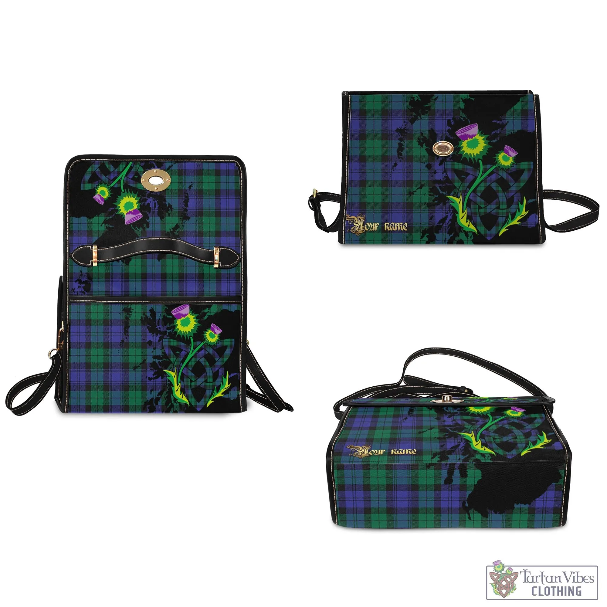 Black Watch Modern Tartan Waterproof Canvas Bag with Scotland Map and Thistle Celtic Accents