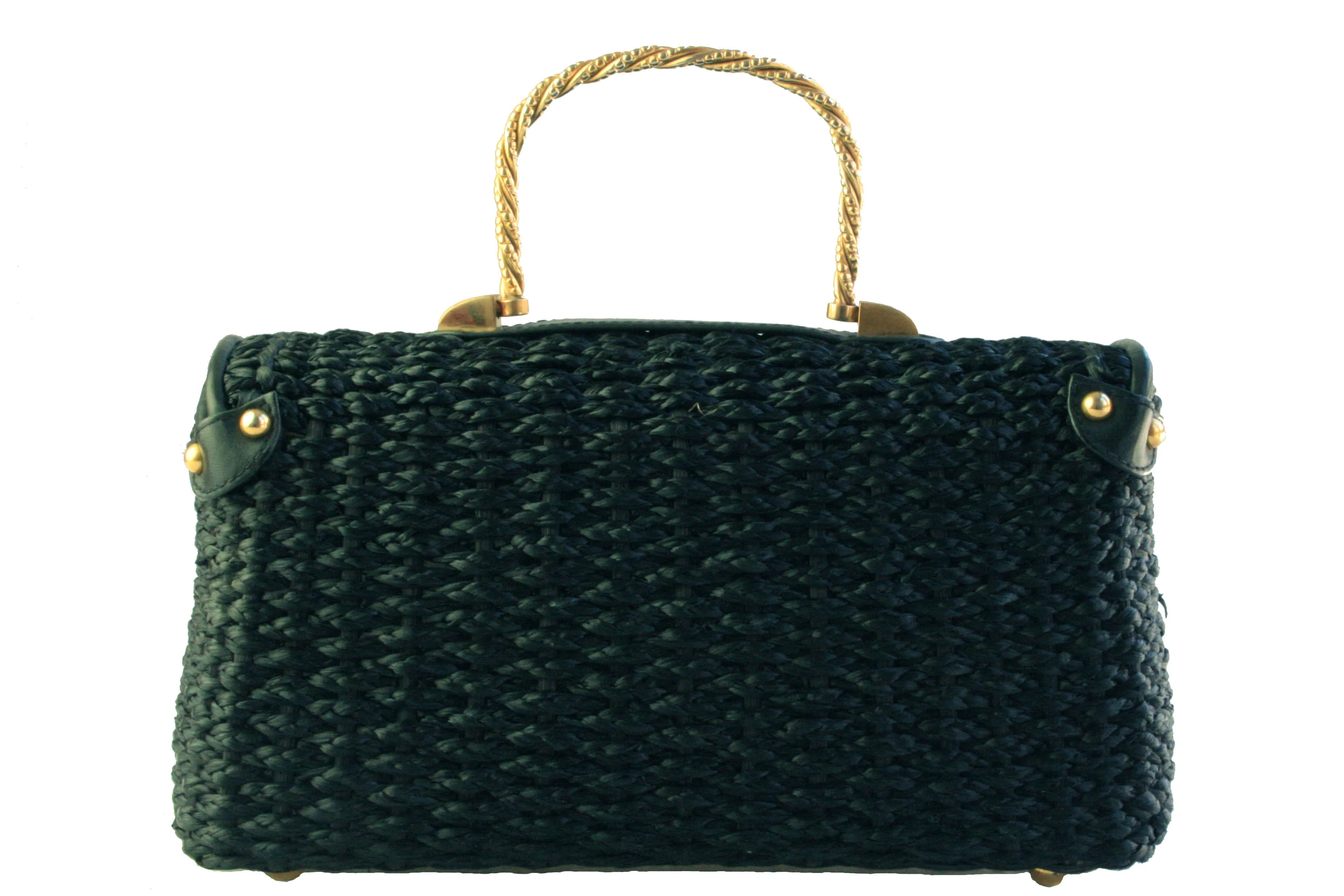 Black woven raffia box purse with metal handle