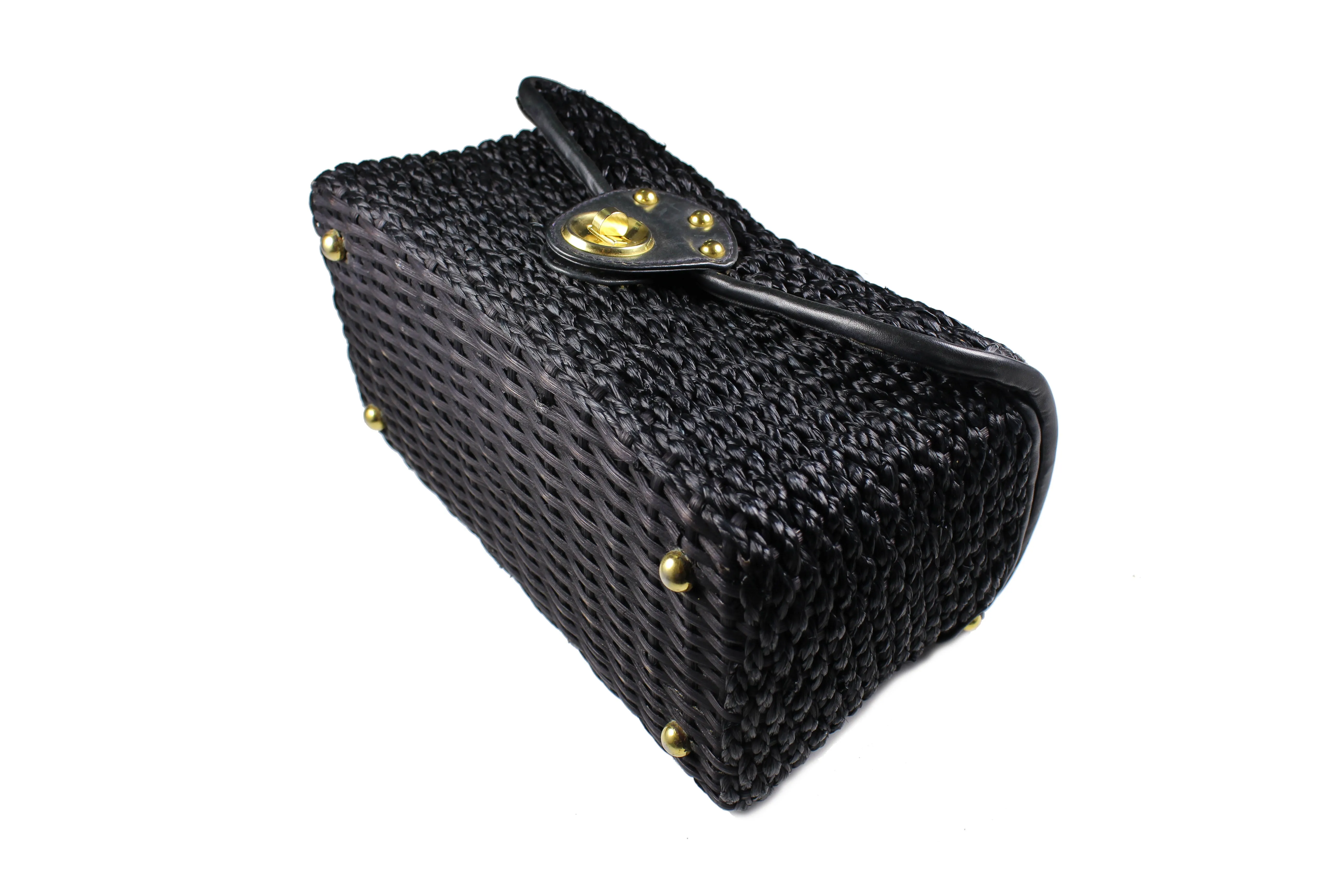 Black woven raffia box purse with metal handle