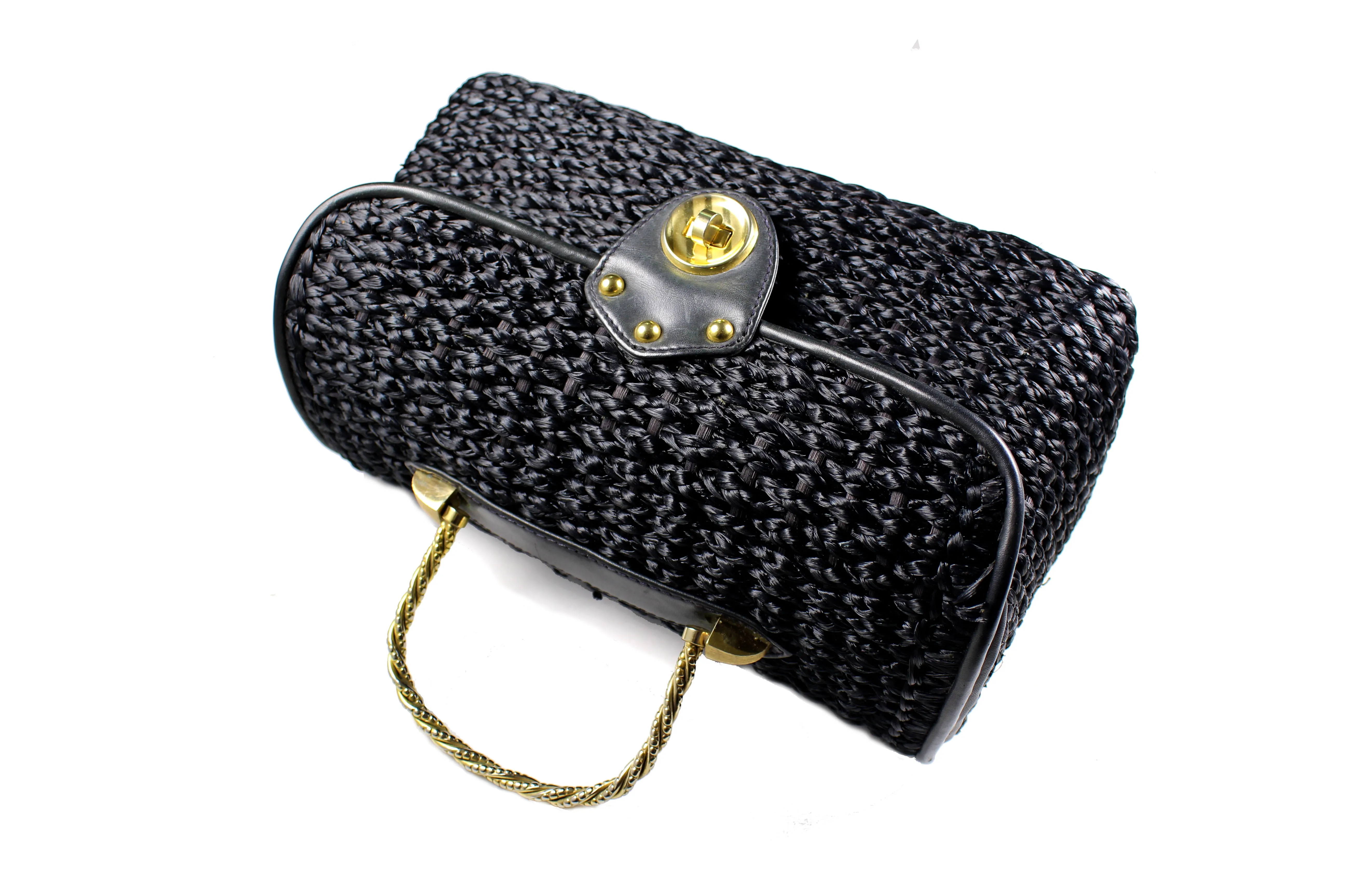 Black woven raffia box purse with metal handle