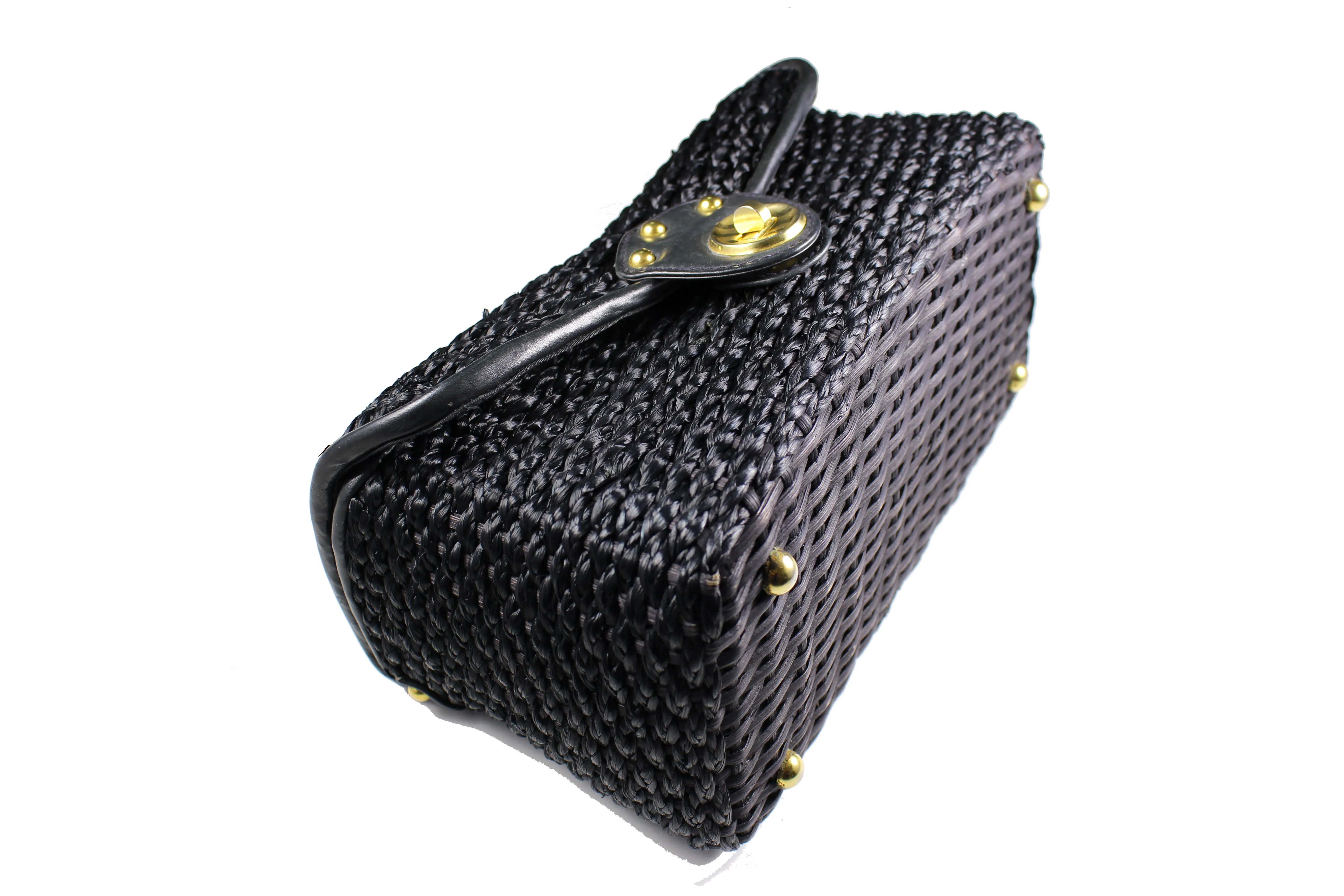 Black woven raffia box purse with metal handle