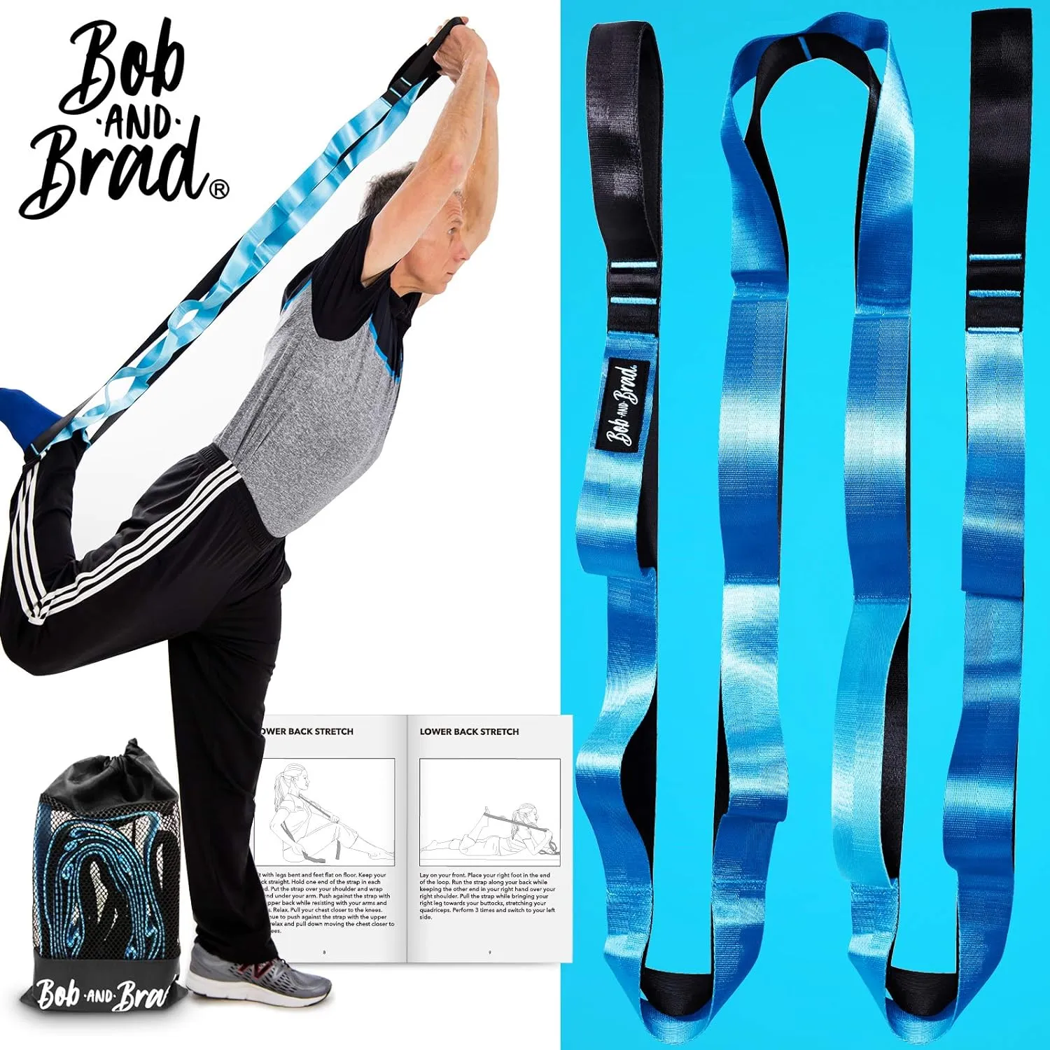 BOB AND BRAD Stretch Strap, 12 Loop Yoga Strap Stretch Restore Multi-Grip Fitness Pilates Stretching Belt - Bulue (Brand New)