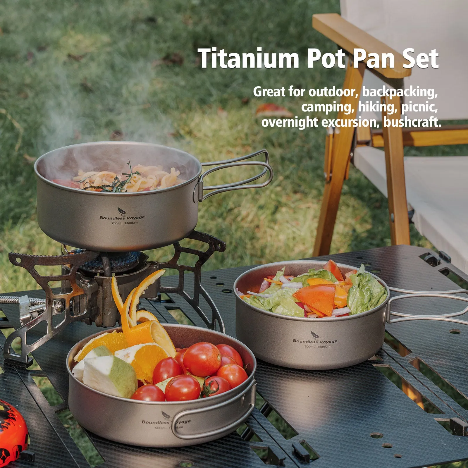 Boundless Voyage Titanium Pot Pan Set with  Collapsible Folding Handle Ultralight Tableware Outdoor Dinnerware Set 3pcs