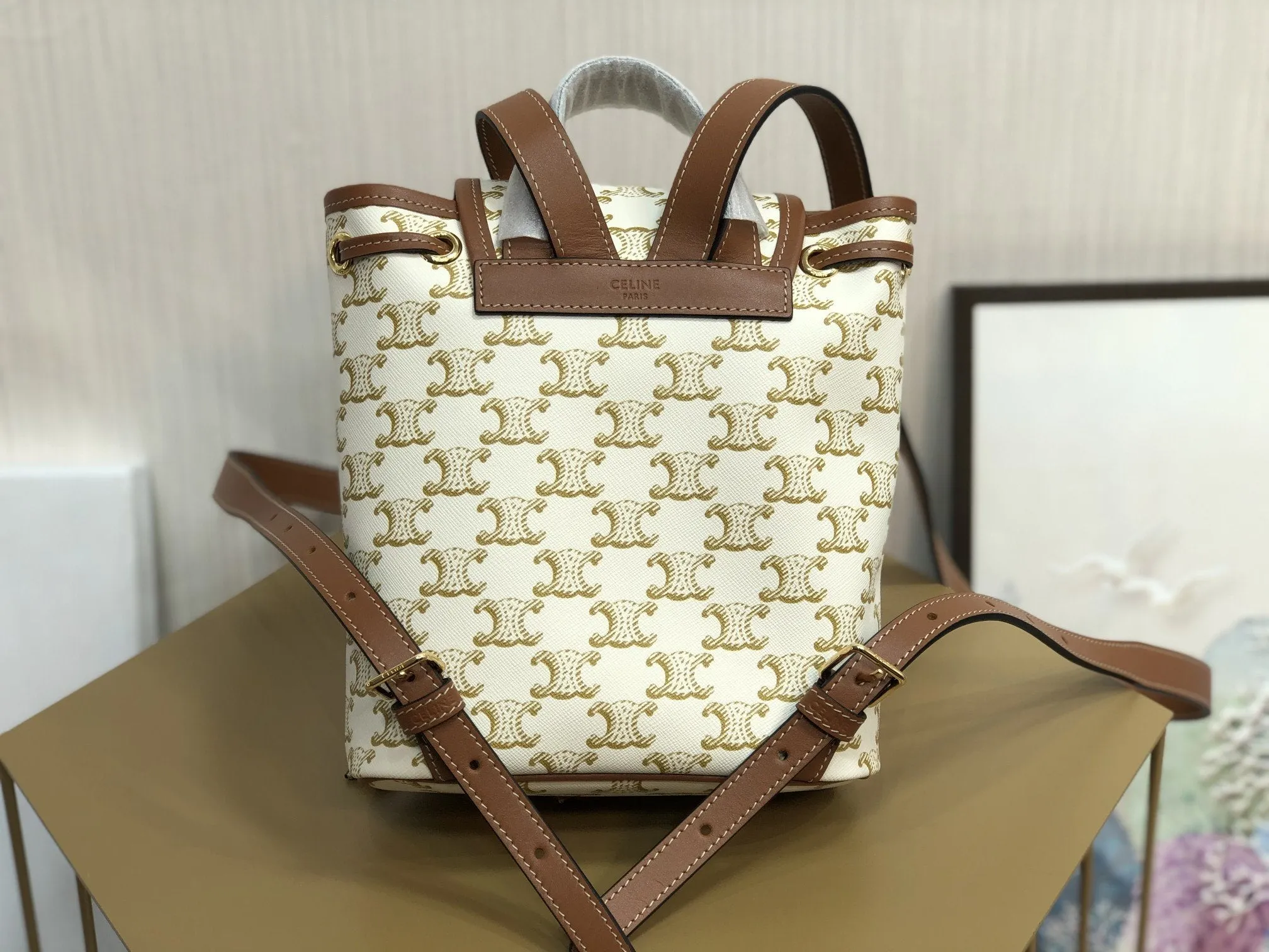 CE Mini Backpack Folco In Triomphe Canvas White For Women 7in/20cm 197662CAS.01BC