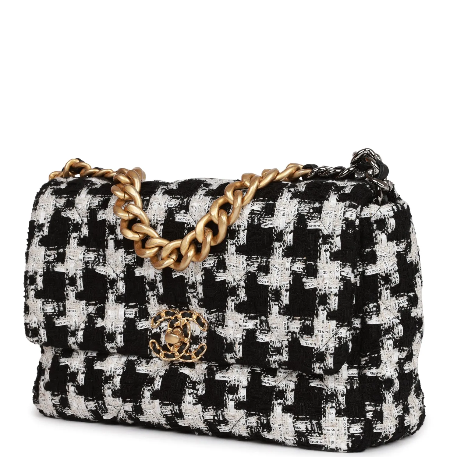 Chanel Large 19 Flap Bag Black and White Tweed Mixed Hardware