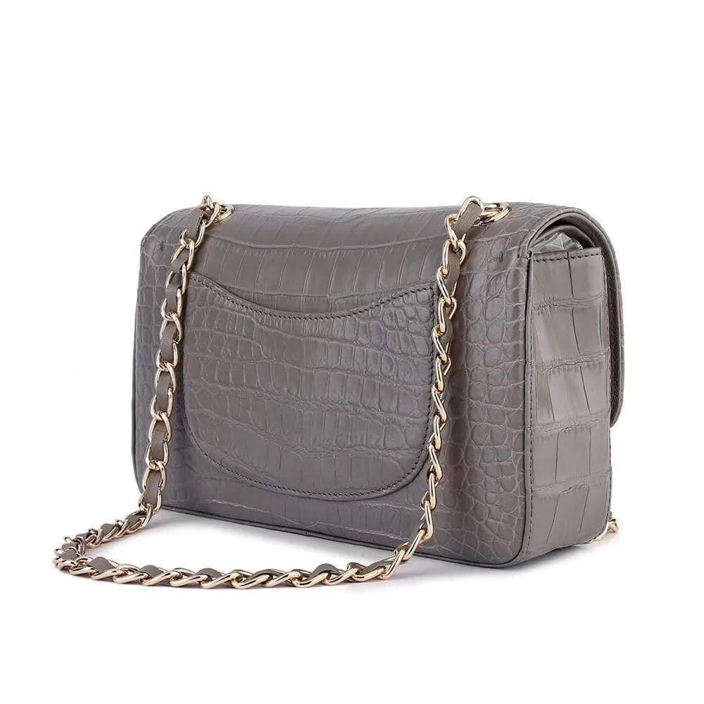 Crocodile  Leather Classic Flap Chain Shoulder Bags For Women Grey