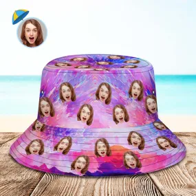 Custom Face Bucket Hat Unisex Personalised Wide Brim Outdoor Summer Hats Pink and Purple Abstract Texture