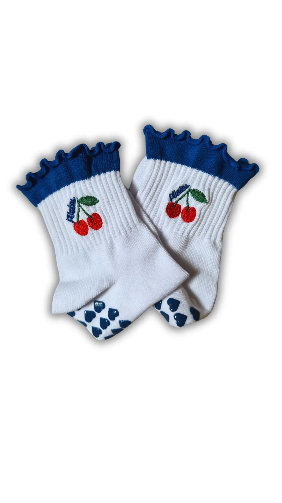 Dark blue ruffle "Pilates" cherry grip sock with blue heart grips