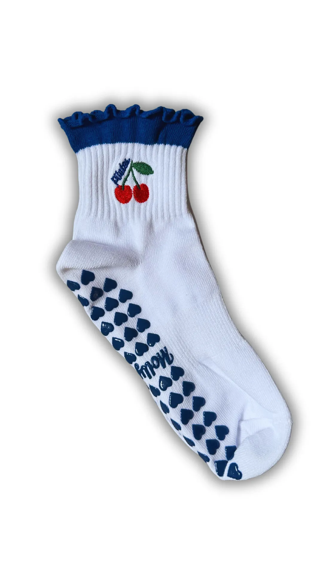 Dark blue ruffle "Pilates" cherry grip sock with blue heart grips