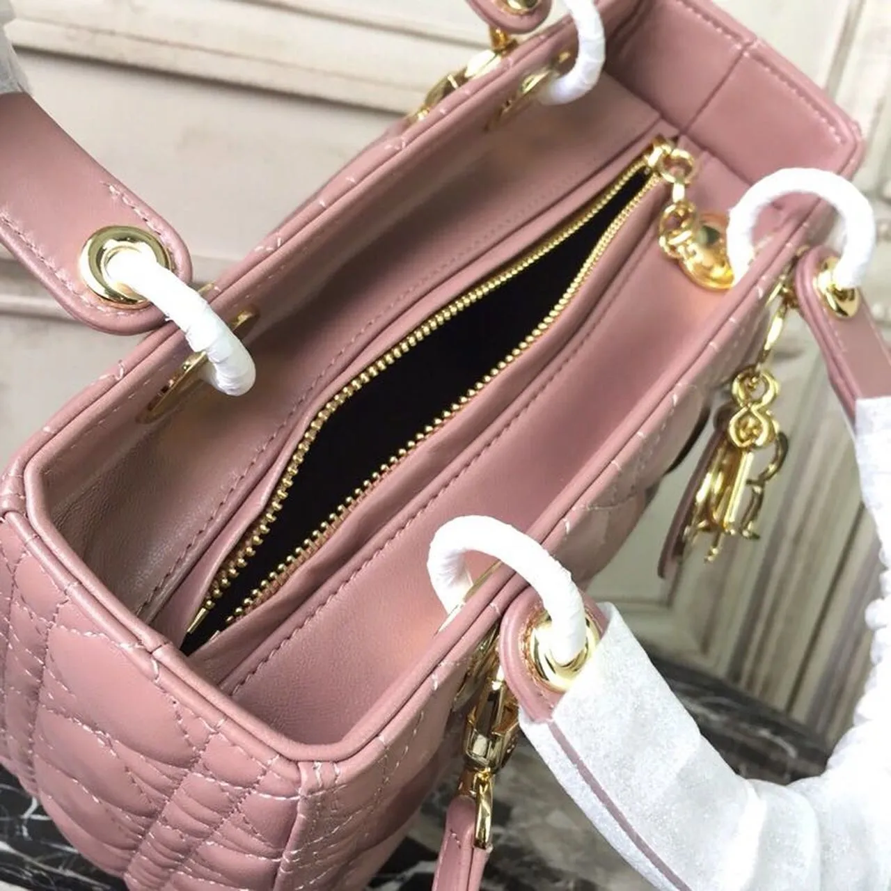 DI Medium Lady Bag Gold Toned Hardware Dusty Pink For Women 24cm/9in CD