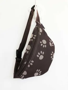 Dog Paw Designer Fanny Pack, Printed Brown Fanny Pack with Zipper Pocket