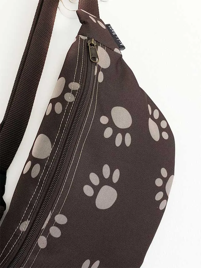 Dog Paw Designer Fanny Pack, Printed Brown Fanny Pack with Zipper Pocket