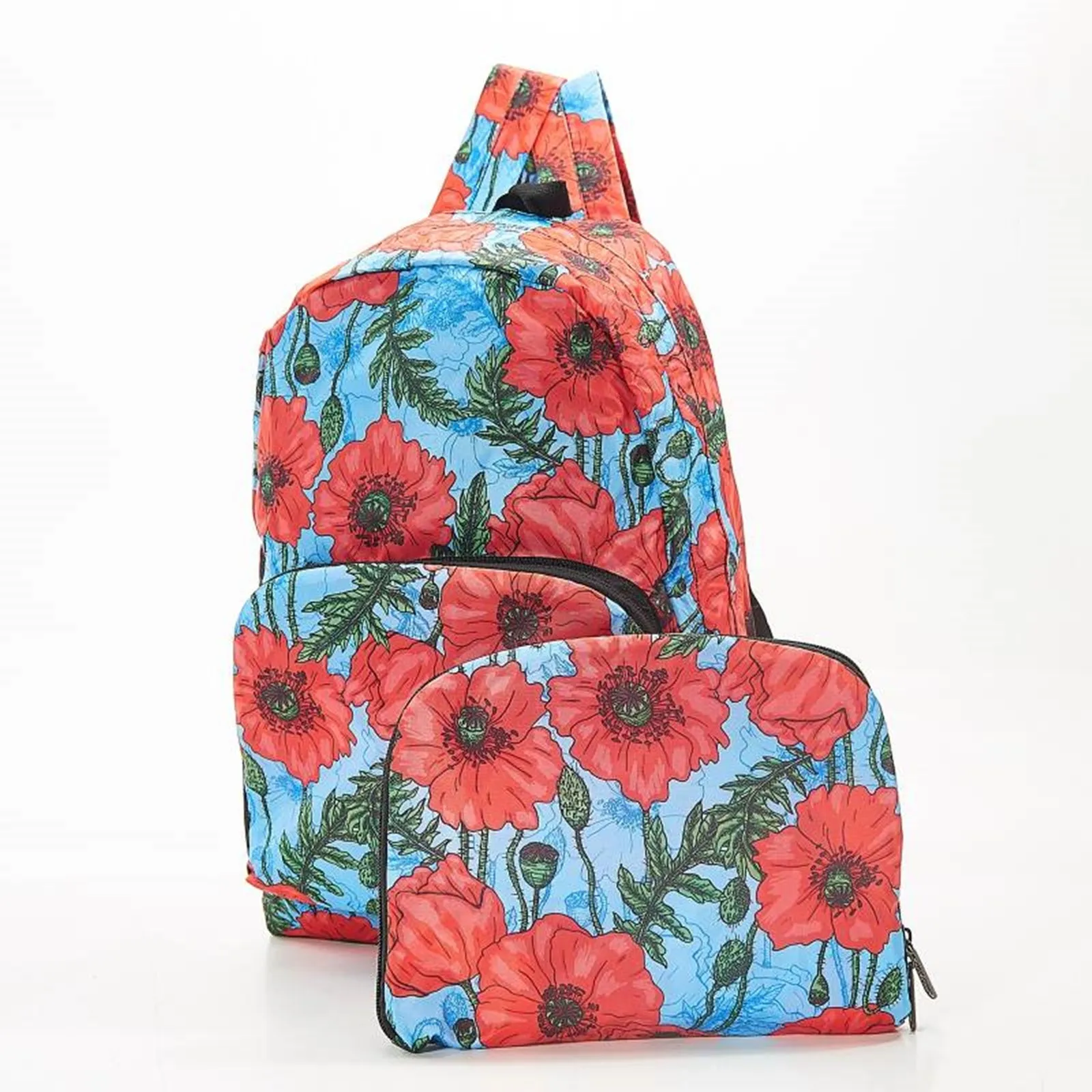 ECO CHIC Foldaway Back Pack/School Bag/Shopping Bag - Made From Recycled Plastic Bottles - Poppies (Blue)