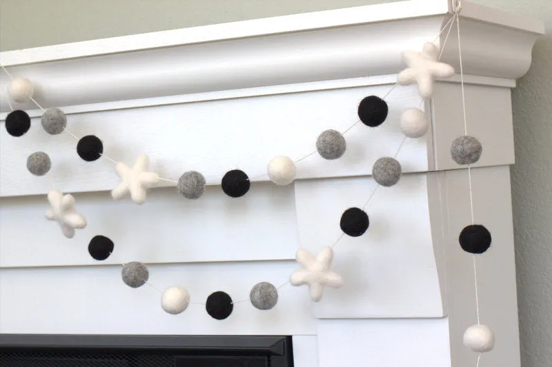 Felt Ball & Star Garland- Black Gray White