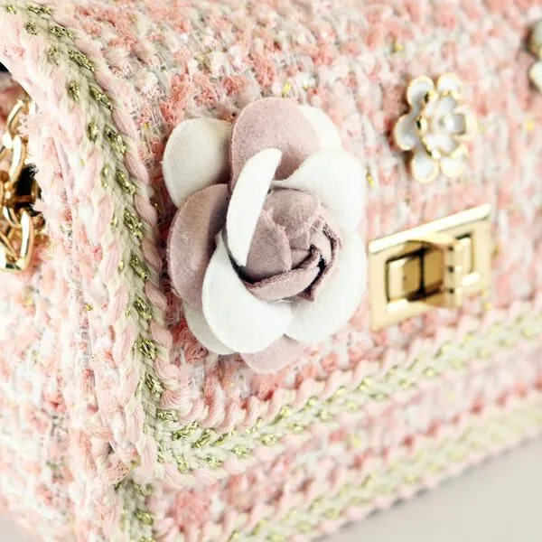 Floral Brooch Tweed Purse - Pink