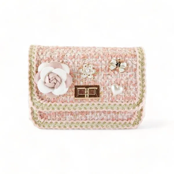 Floral Brooch Tweed Purse - Pink