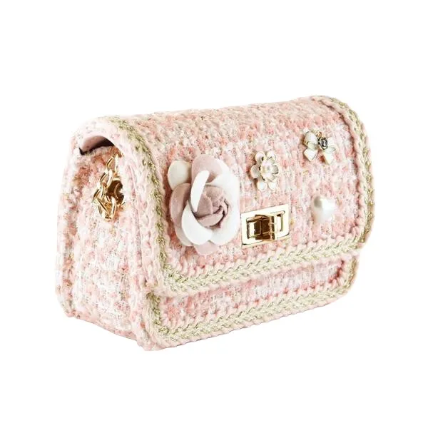 Floral Brooch Tweed Purse - Pink