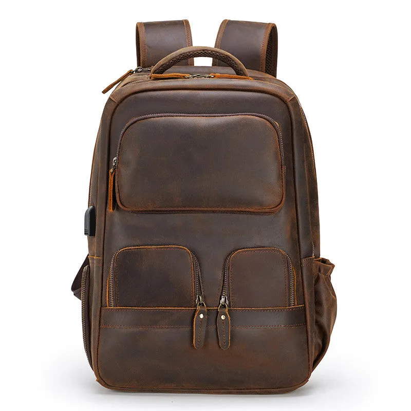 Full Grain Leather Backpack with USB Port Large Capacity Laptop Backpack School Backpack