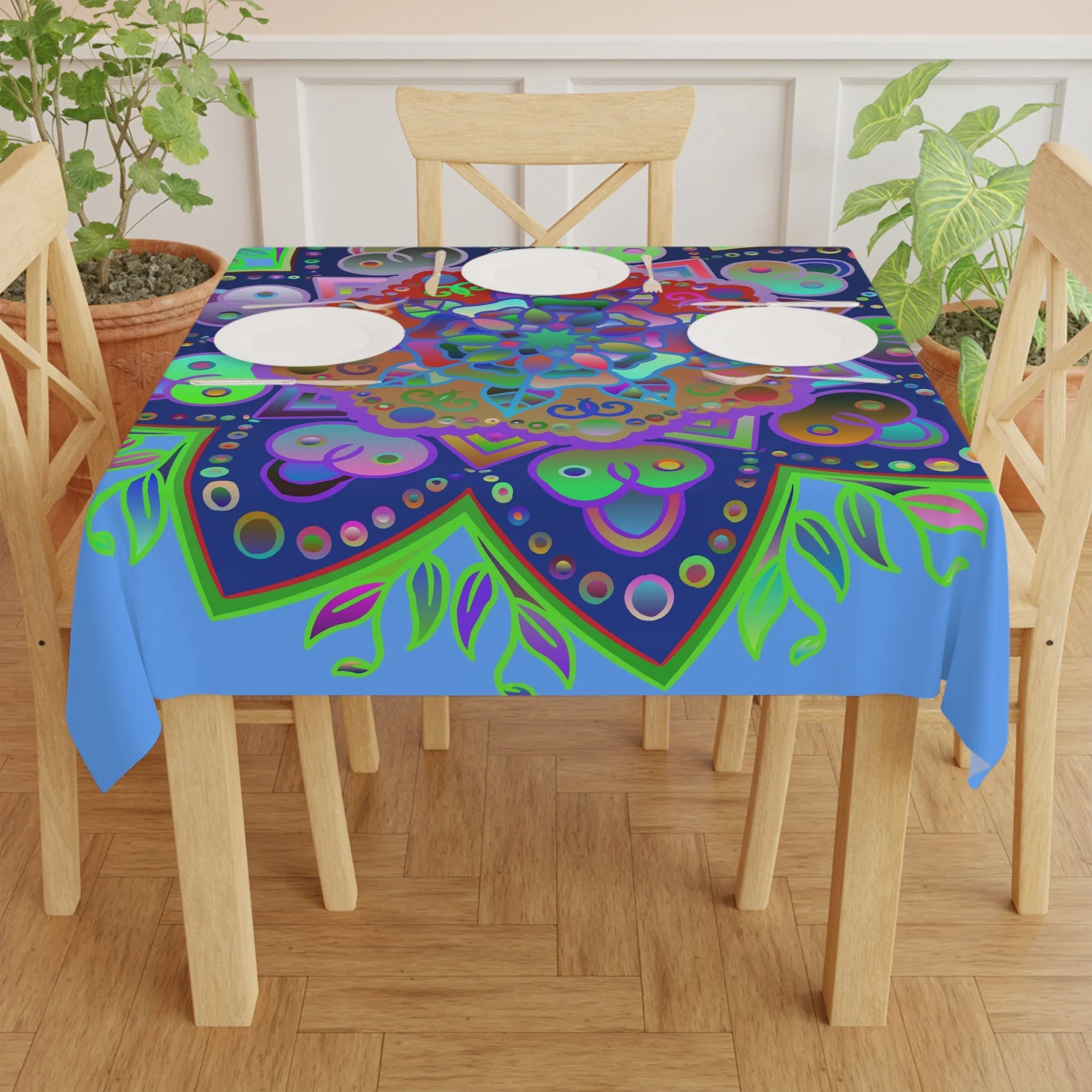 Handmade Mandala Design Tablecloth, Light Blue Square