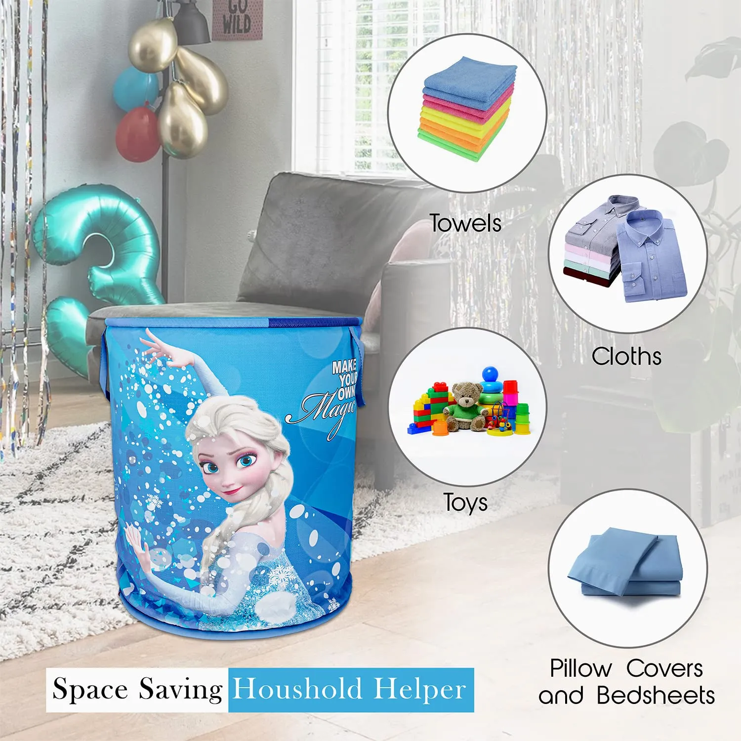 Heart Home Disney Frozen Print Round Laundry Basket|Polyester Clothes Hamper|Waterproof & Foldable Round Laundry Bag with Handle,45 Ltr.(Blue)