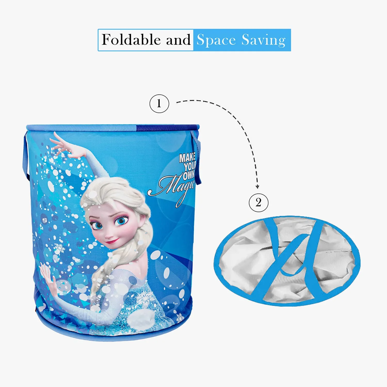 Heart Home Disney Frozen Print Round Laundry Basket|Polyester Clothes Hamper|Waterproof & Foldable Round Laundry Bag with Handle,45 Ltr.(Blue)