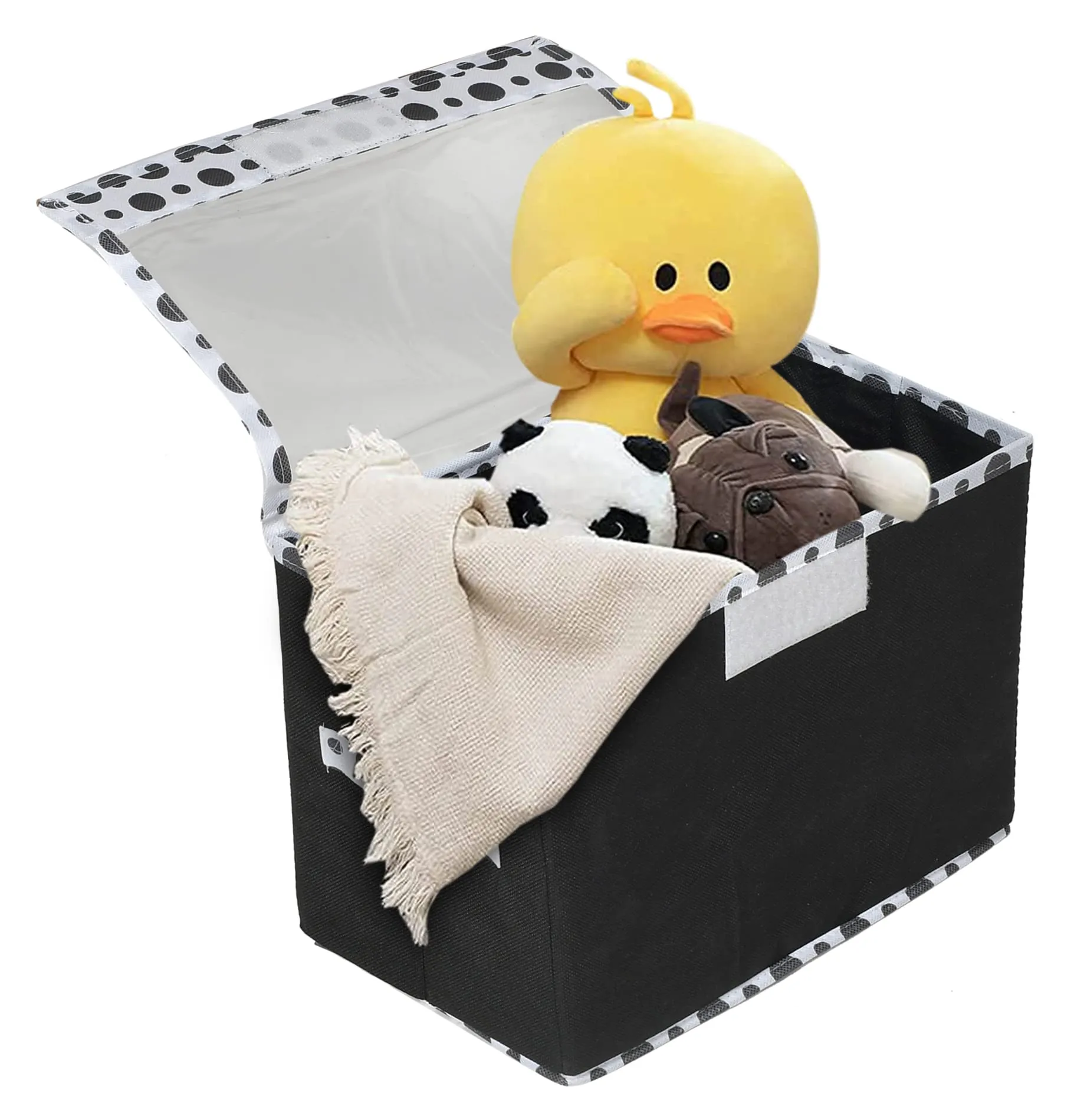 Heart Home Dot Printed Multiuses Large Non-Woven Storage Box/Organizer With Tranasparent Lid- Pack of 3 (Black) -44HH0425