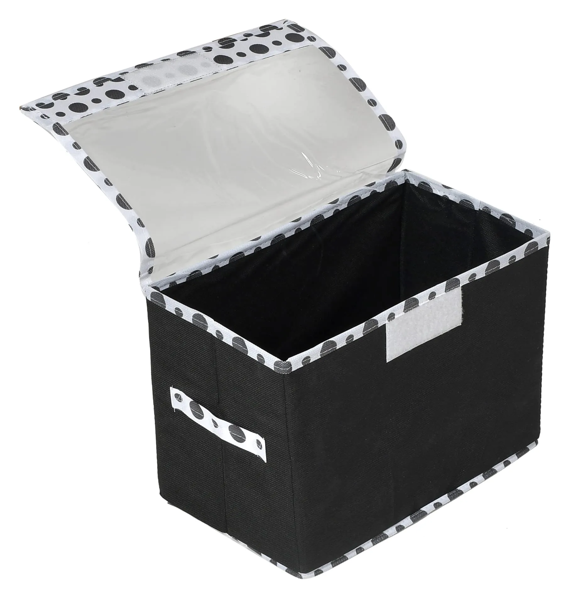 Heart Home Dot Printed Multiuses Large Non-Woven Storage Box/Organizer With Tranasparent Lid- Pack of 3 (Black) -44HH0425