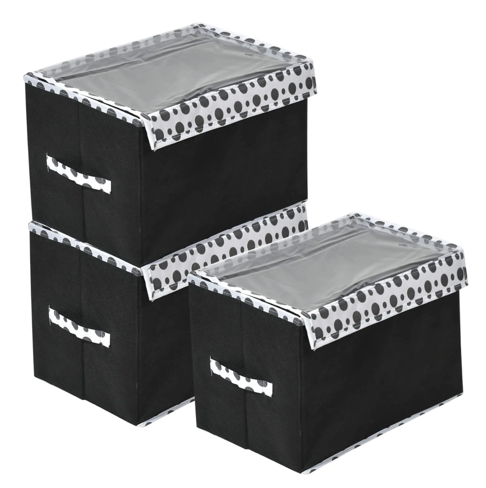 Heart Home Dot Printed Multiuses Large Non-Woven Storage Box/Organizer With Tranasparent Lid- Pack of 3 (Black) -44HH0425