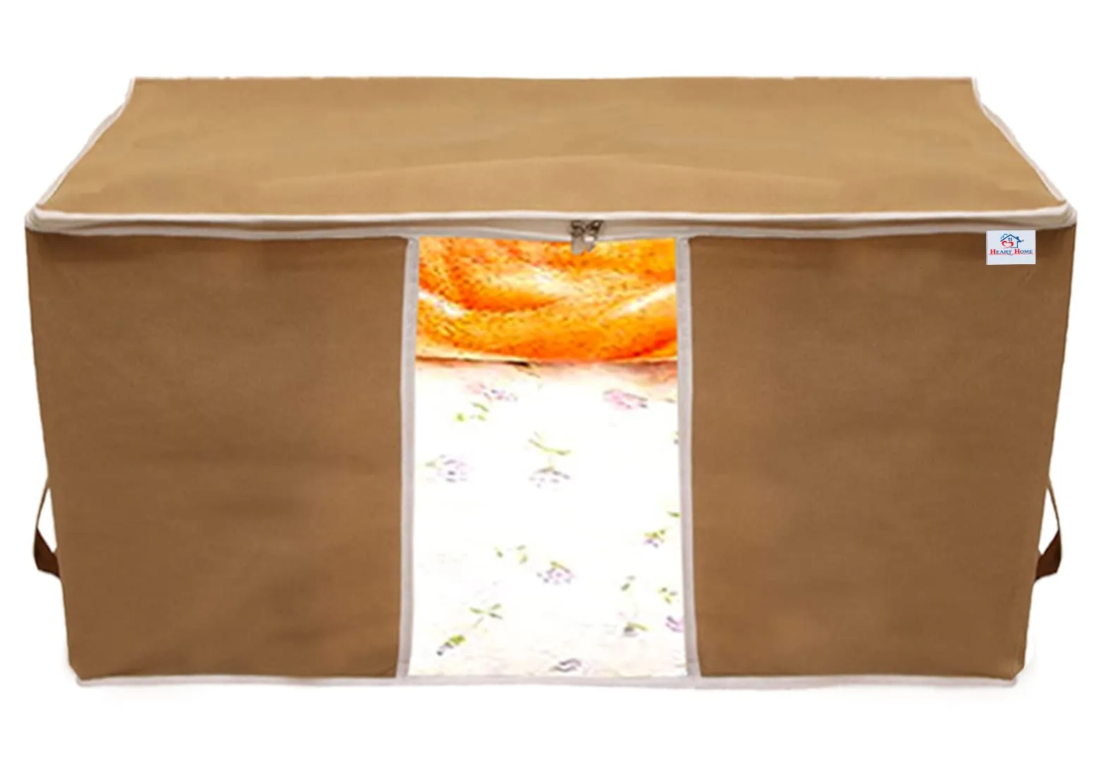 Heart Home Foldable Non Woven Clothes Storage Bag Wardrobe Organizer Underbed Bag With Tranasparent Window- Pack of 3 (Brown)-HS43HEARTH26715