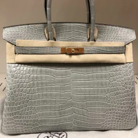 Hermès Birkin 35 Gris Perle Crocodile Porosus Matte Gold Hardware GHW