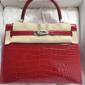 Hermès Kelly 25 Braise Sellier Crocodile Niloticus Lisse Palladium Hardware PHW