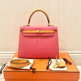 Hermès Kelly HSS 25 Rose Azalee/Jaune d'Or Sellier Epsom Gold Hardware GHW