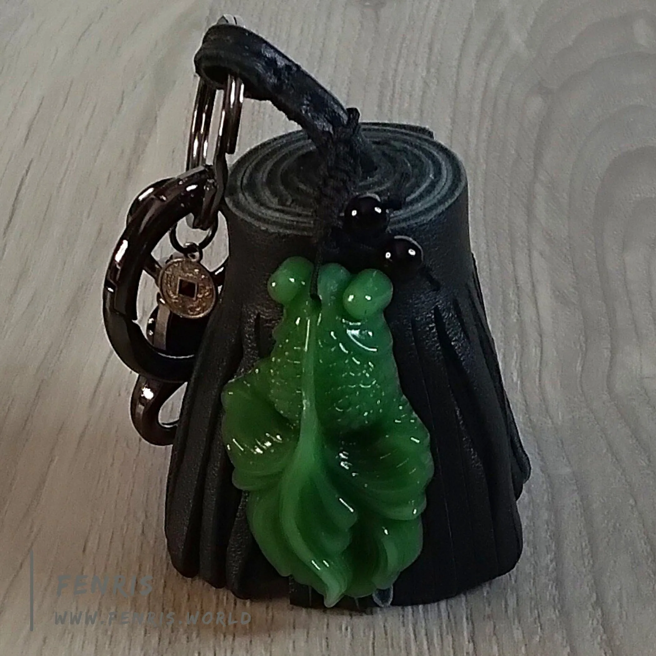 Jade Fish Key Chain Black Leather Tassel Obsidian Bag Charm