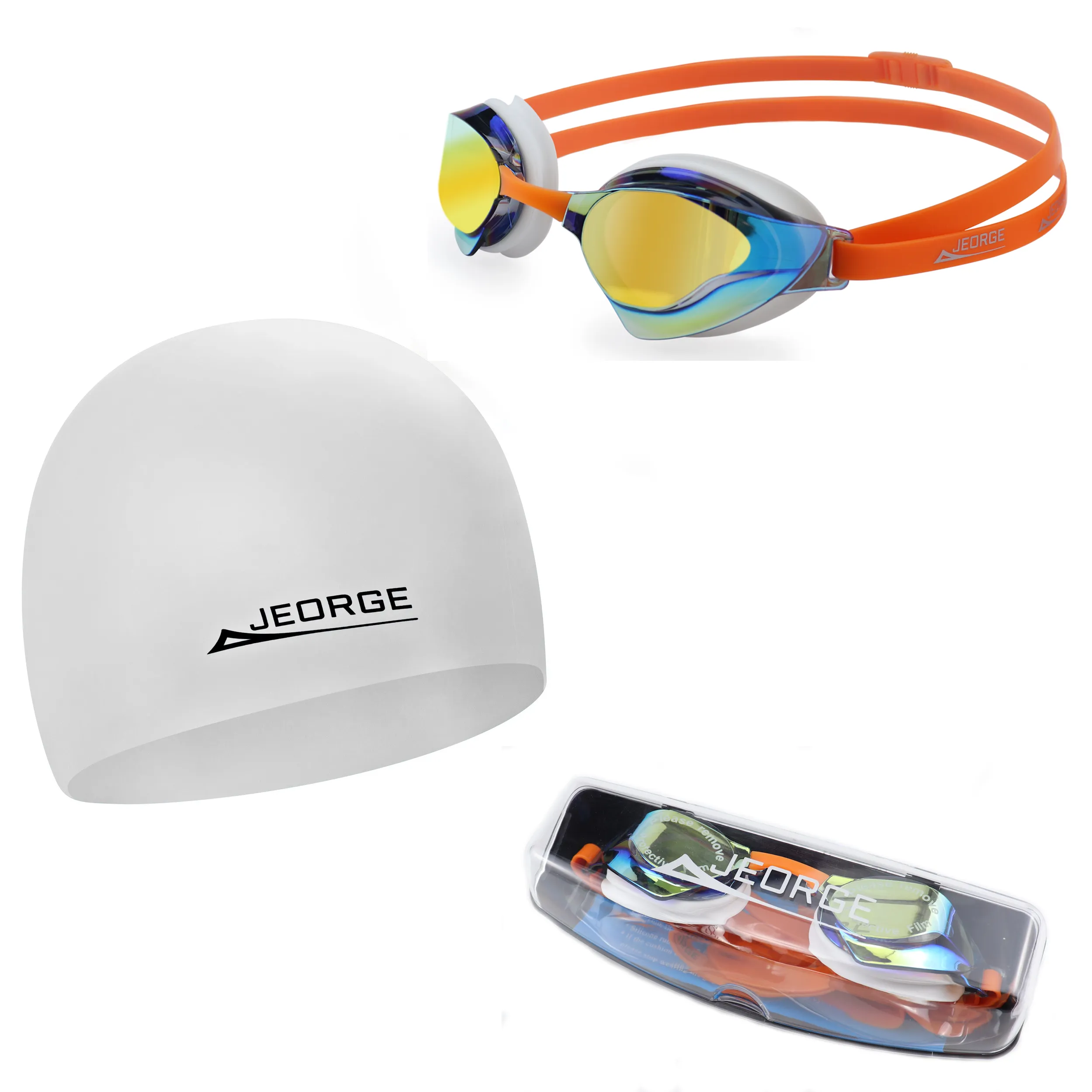 JEORGE wide vision mirror coating lens anti-fog UV protect goggles   Swim Cap   Swim Bag ComboCombo