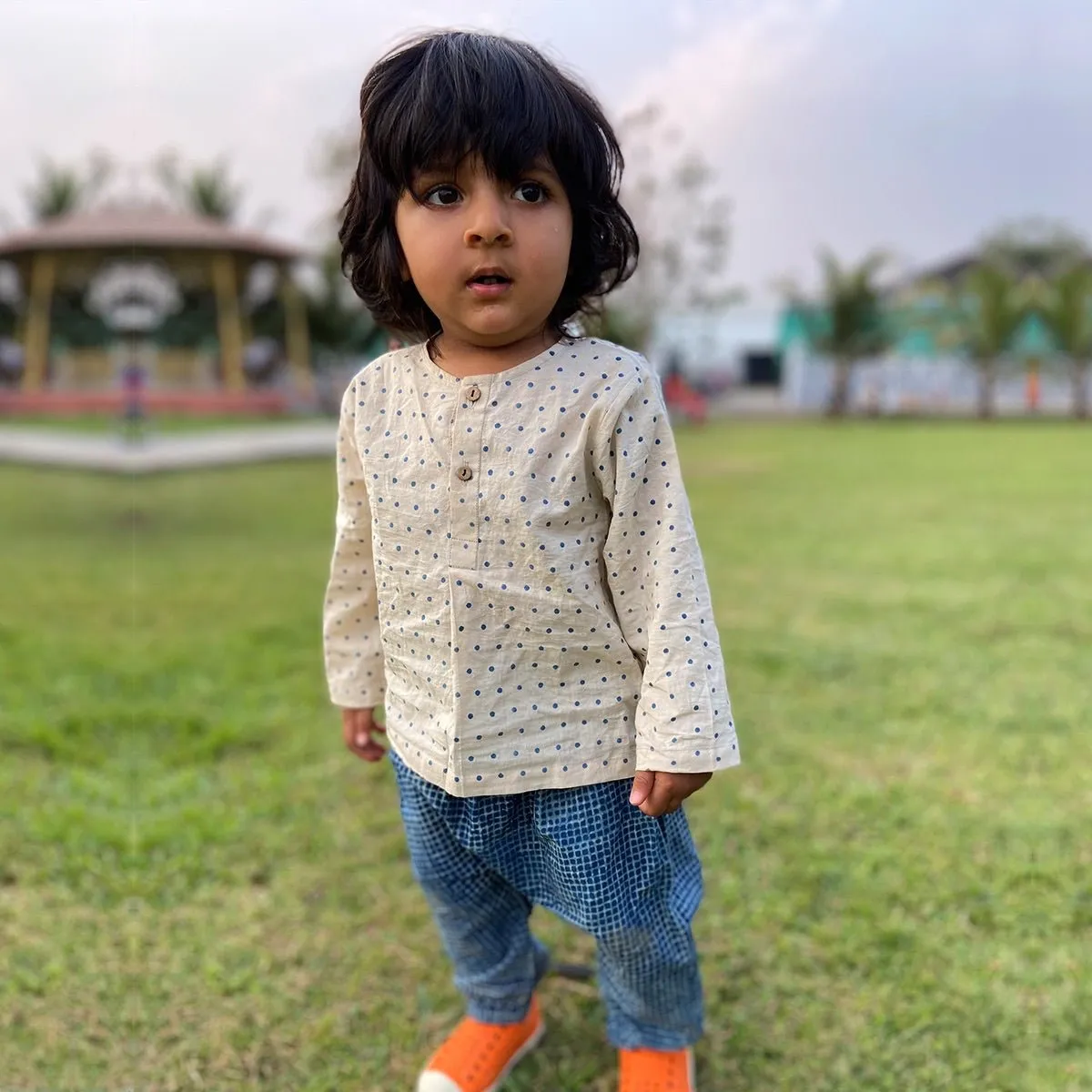 Kids Unisex Organic Cotton- Indigo Raidana with Check Kurta and Pants