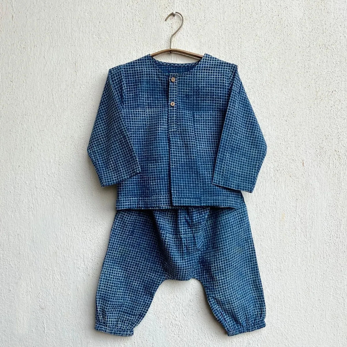 Kids Unisex Organic Cotton- Indigo Raidana with Check Kurta and Pants