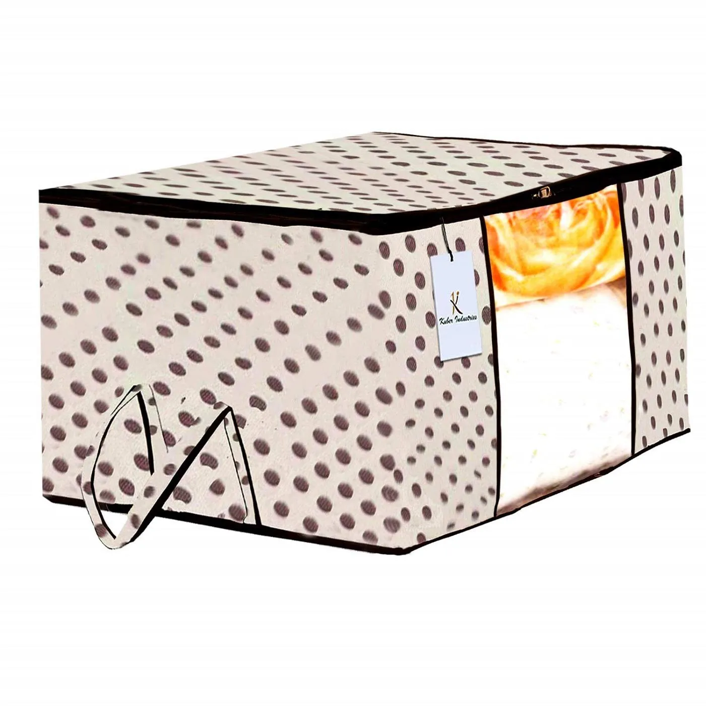 Kuber Industries Polka Dot Design 2 Piece Non Woven Fabric Underbed Storage Bag,Cloth Organiser,Blanket Cover with Transparent Window, Cream & White -CTKTC41040